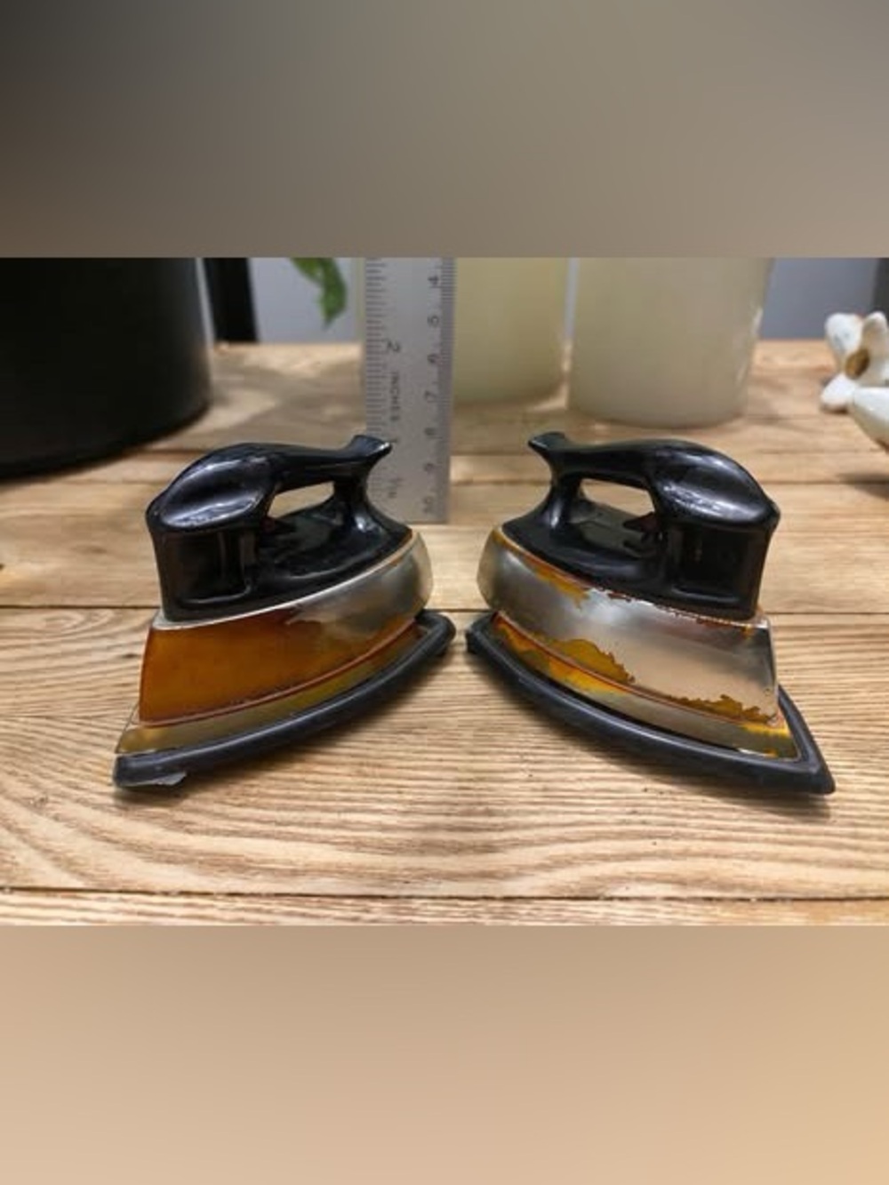 Vintage Miniature Flat Iron Salt & Pepper Shakers with Trivets Gold Tone MCM